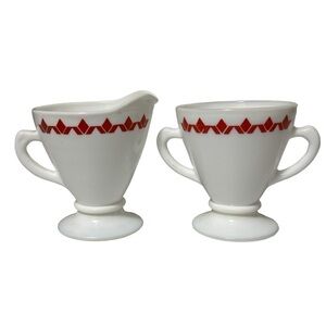 Vintage Hazel Atlas Milk Glass Footed Sugar Creamer Red Diamond Tulips